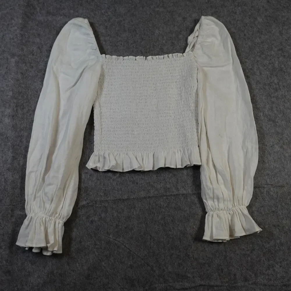 Reformation Top Womens Small Tangerine White Linen Smocked Square‎ Cottagecore